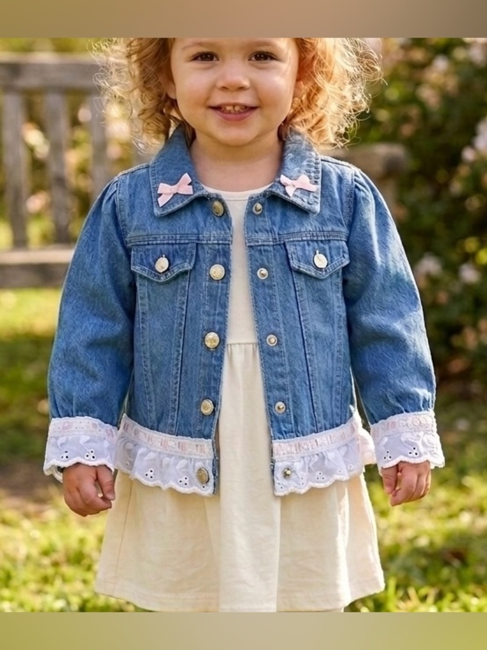24M Hopscotch Denim Eyelet Ruffle Lace Trim Trucker Jean Jacket Coat Baby Girl